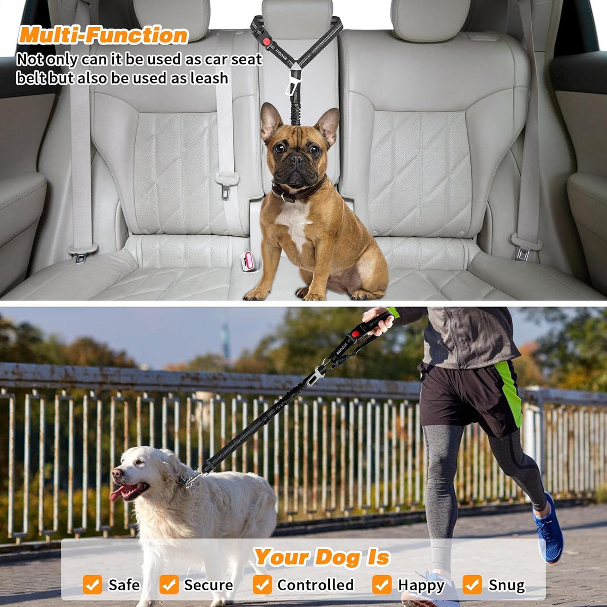 2 Pack Dog Seat Belt for Car, Elastic Bungee Buffer Safety Leads