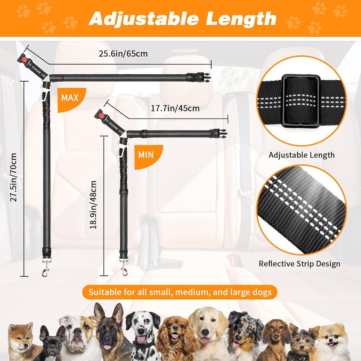 2 Pack Dog Seat Belt for Car, Elastic Bungee Buffer Safety Leads